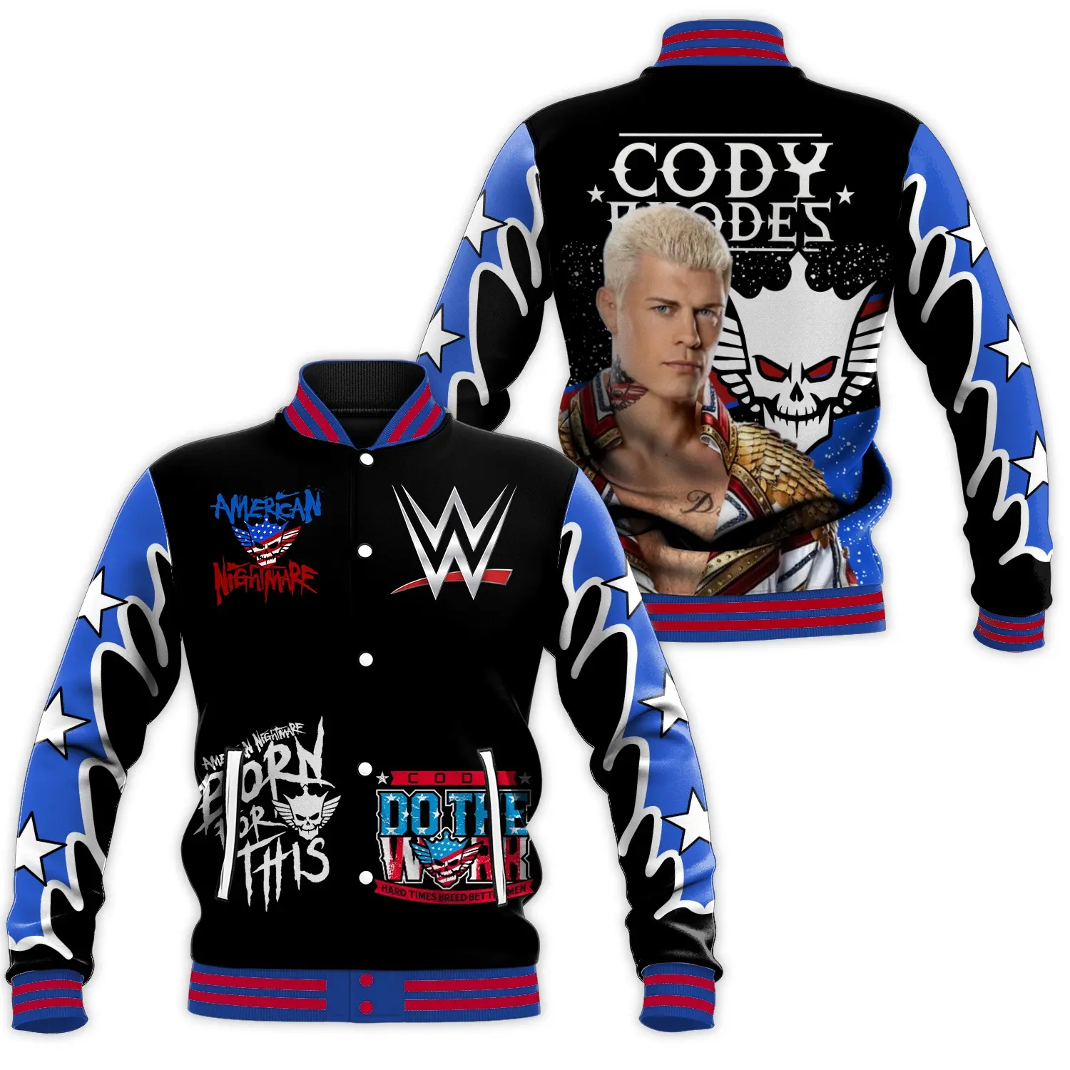 Varsity Jacket Cody Rhodes Portrait Skull Crown American Nightmare Sports Casual Loose Outerwear Fit All Seasons Men Women Wrestling Fan Apparel Warm Oversized Baseball Coat Style