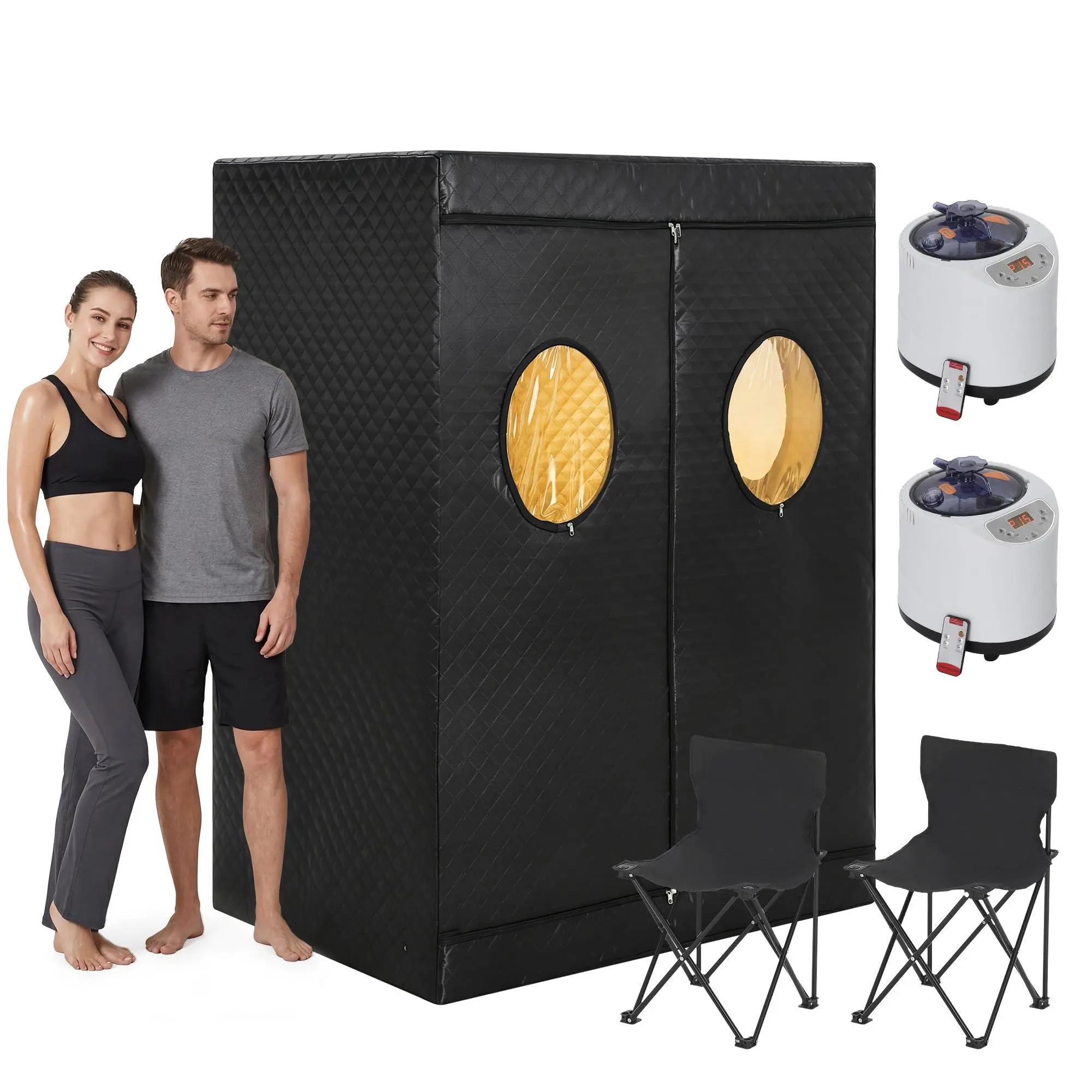 2 Person Portable Sauna for Home, Personal Steam Home Sauna Tent for Full Body Relaxation, Upgraded 1400W 3L Steamer(x2), Sauna Pod Box with 2 Foldable Chairs, 15 Levels Remote Control, 49"x31.5"x72"