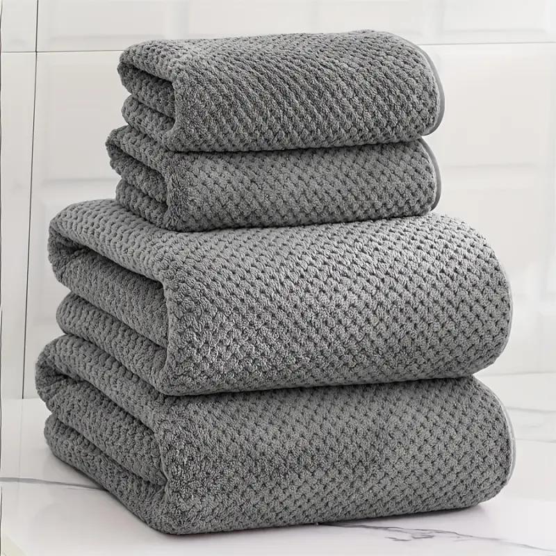 4-piece pineapple mesh towel set, Premium towel set, super absorbent, quick drying, ultra soft, suitable for home bathroom use, includes 2 bath towels 70*140cm and 2 washcloths 35*75cm, polyester, 300gsm