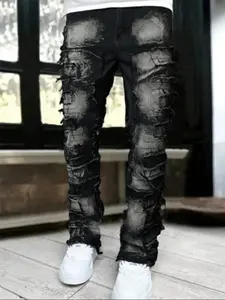 Men's Slim-Fit Denim Jeans Korean Style Elastic Patchwork Embroidery Raw Hem Cat Whisker Fashion Micro Flare Pants