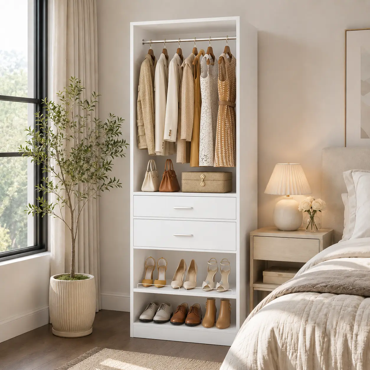 25" Tall Closet Organizer with Adjustable Shoe Rack, Freestanding Walk-in Closet organization System Wardrobe Tower with 2 Wood Drawers & Hanging Rod large capacity storage Cabinet bedroom armoire