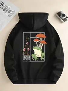 Women's Mushroom & Frog Print Drawstring Hoodie, Fashion Casual Hooded Sweatshirt for Daily Holiday Outdoor Wear, Women Clothing for Fall & Winter