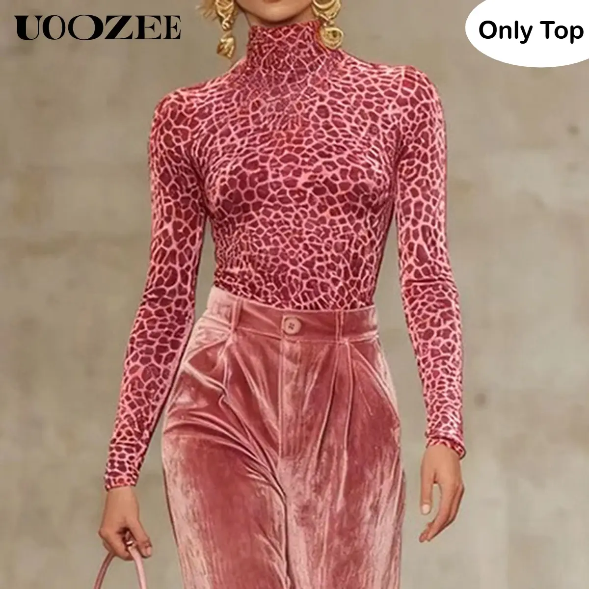 UOOZEE Women's Pink Leopard Print Bodysuit, Stretchy Turtleneck Long Sleeve Top, Smooth Slim Fit for Casual Layering, Velvet, Fabric, Blouse, Cropped, Denim, Garments, Evening, Thanksgiving
