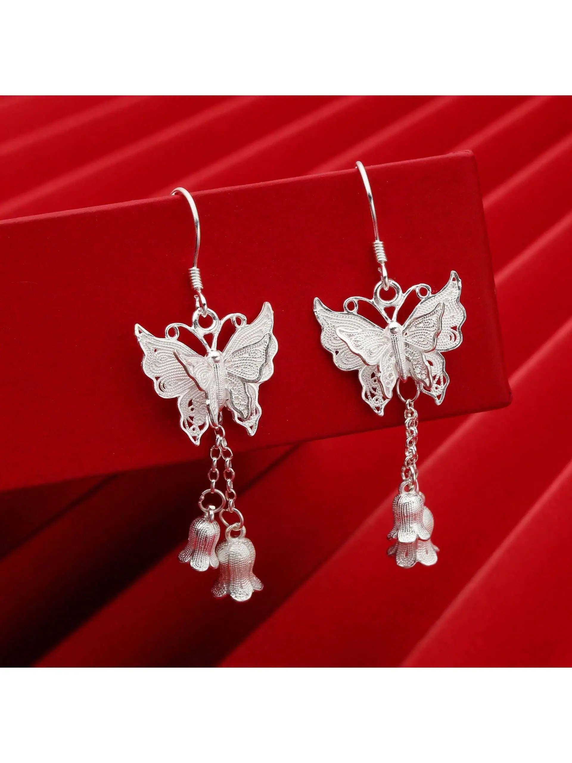 Women's Antique Look Metal-Coated Butterfly Dangle Drop Earrings - Long Tassels, Butterfly Bells, Double-Layered Silk Thread Accents, Fashion Accessories for Daily & Party Wear