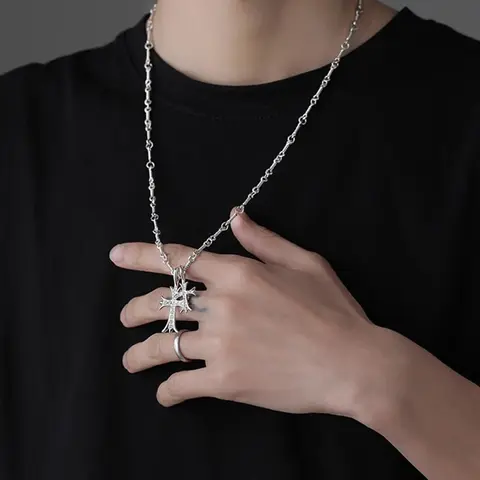 Gothic Stainless Steel Double Cross Chain Necklace for Men - Unisex, Zircon Sparkle, Geometric, Lightweight, Adjustable Silver or Gold Chain, Modern Gothic Edge, Costume Jewelry Necklace, Daily Use, Thoughtful Birthday Gift