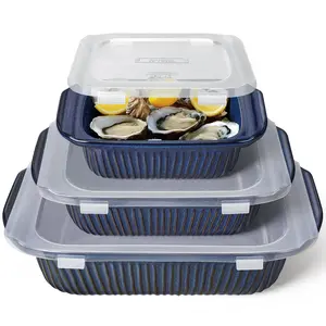 Ceramic Baking Dish Set with Lid, Rectangular Lasagna Pan with Handles, Oven Safe Casserole Dishes for Cooking Roasting Storage,  Gift for Housewarming Christmas  - Blue