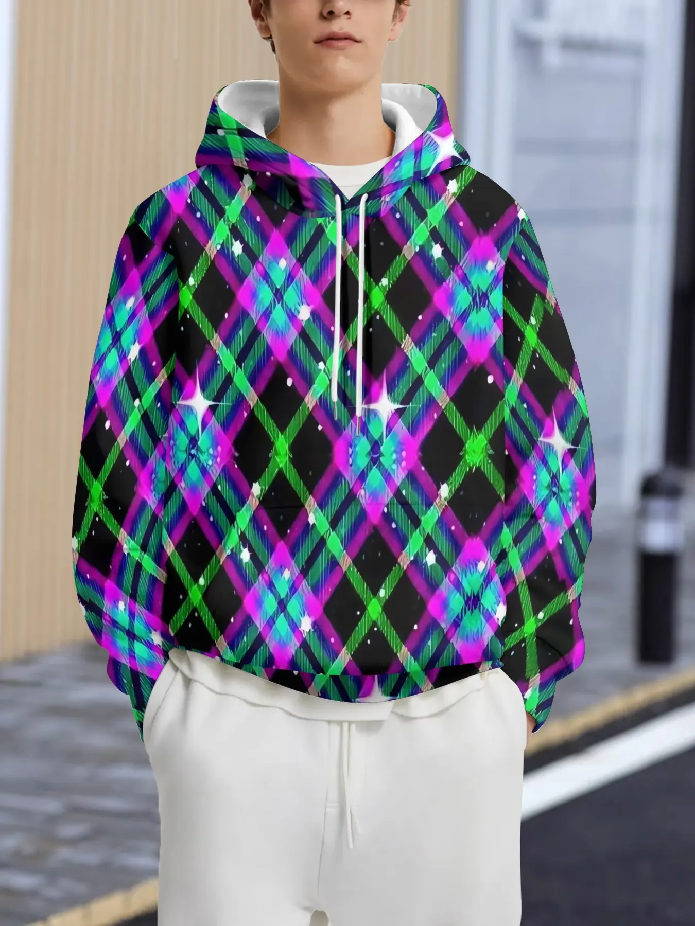 Men's hoodie, neon plaid sequined hoodie for men, cyberpunk style, loose casual top, new autumn and winter style, eye-catching jacket for disco