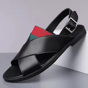 Summer Style Men's Leather Sandals - Black & Colorful Stripes, Comfortable Cross - Strap Design, Breathable Beach / Casual Shoes Footwear