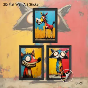 2D Flat Wall Art Sticker, 3Pcs PVC Self-Adhesive Framed Wallpaper Sticker, Whimsical Graffiti Style Animal Wall Decals, Bold Colorful Art Decor for Living Room, Bedroom, Ideal for Modern Art Lovers & Quirky Aesthetic Fans