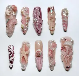 Ocean Fantasy Press On Nails Set 3D Starfish Shell Pearl Pink Pastel Handmade Beach Nail Art for Beaches, Summer, Holiday, Vacation, Birthday