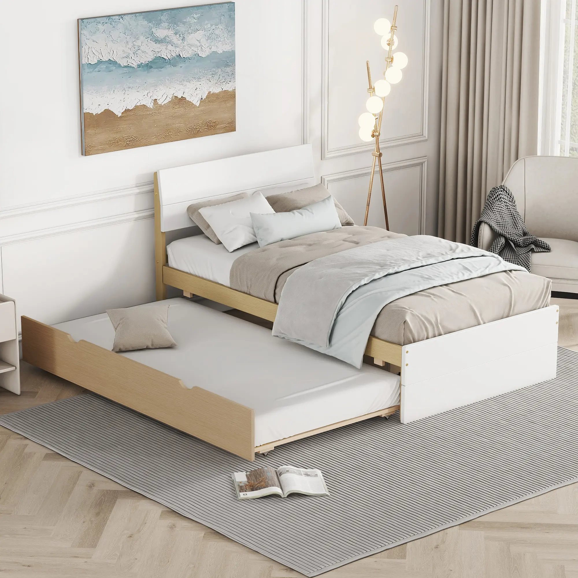 Dreamzon Modern Single Twin Bed Frame - White High-Gloss Headboard & Footboard, Light Oak Wood Trundle, Easy KD Assembly Required, Space-Saving, 78.81"l x 41.22"w x 35.39"h