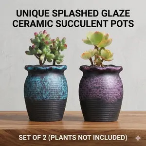2-Piece Handcrafted Ceramic Succulent Pot Set with Drainage Holes - Unique Relief Texture Mini Planters for Indoor Plants, Desk & Windowsill (Plants Not Included)