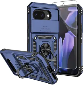 Pixel 9a Case,with Screen Protectors and Camera Cover,[Military Grade] 16ft.Drop Tested Cover with Magnetic Kickstand Protective Case for Google Pixel 9a, Blue Metal Protection