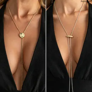 Minimalist Flexible Copper-Alloy Adjustable Slide Lariat Necklace, Sleek Round Pendant Long Drop Y-Shaped Chain Necklace for Women, Gold & Silver Tone (Sports & Outdoor Accessory)