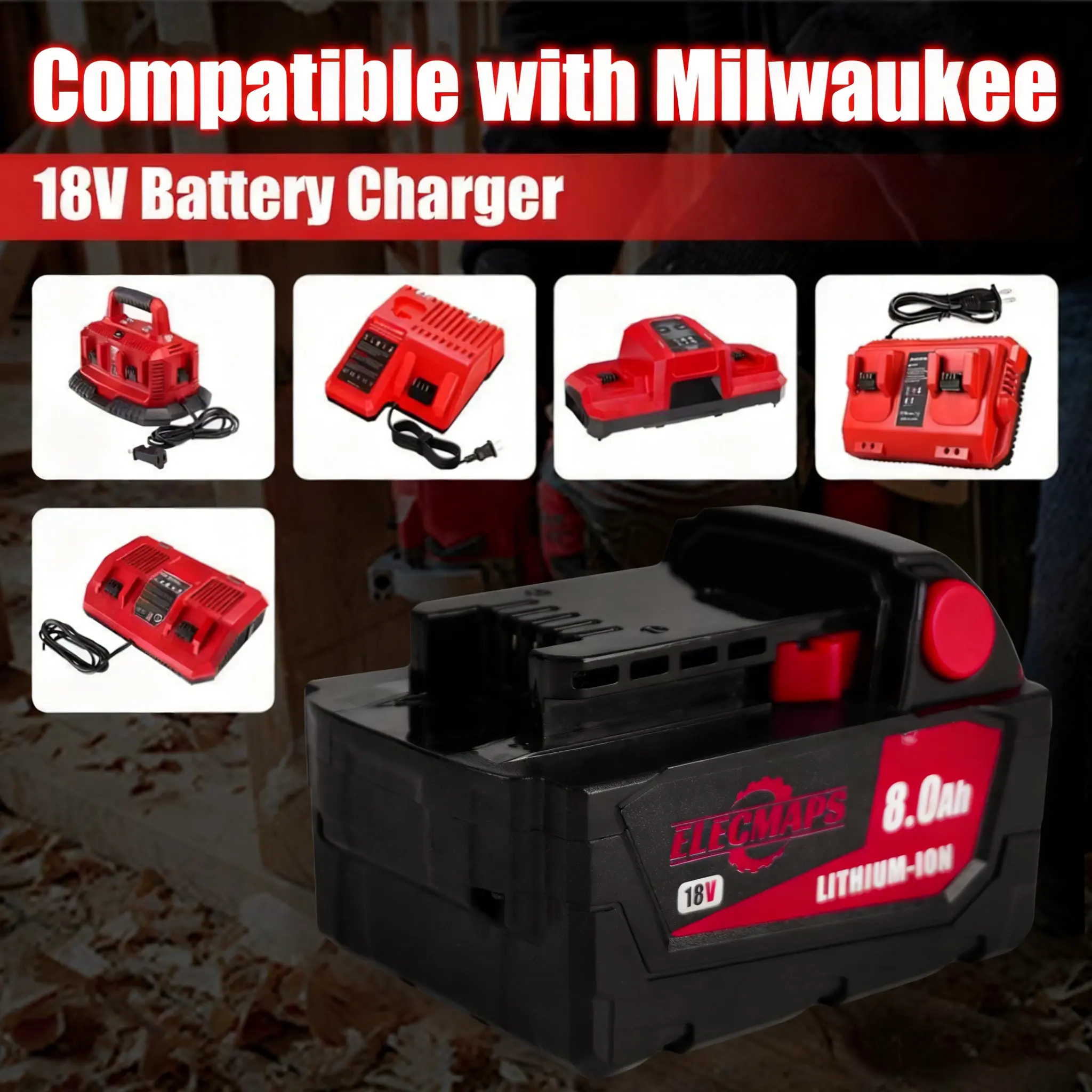 ELECMAPS Two-Piece Set 18V 8.0Ah Lithium Battery and Charger Kit