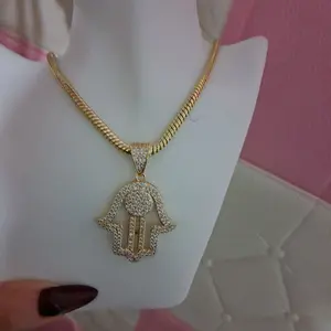 Square Chain 16 inches long  with Hamsa Hand  Pendant – 14K Gold Plated