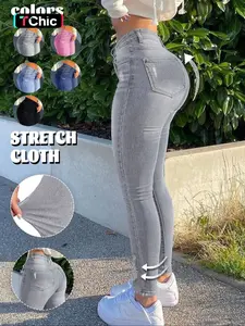Women's Tight-Fitting Jeans, Ripped Design, Daily Fashion Bottoms, Skinny Jeans, Slim Fit Stretch Denim, Street Simple Style, All-Season Wear, Pants