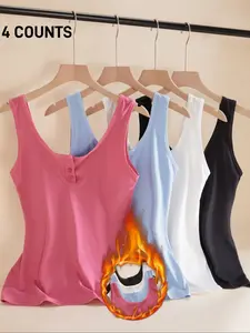 Women's Wide Strap Button Front Sleeveless Basic Tank Top, Breathable Soft Fabric for Comfort, Stretchy Casual Wear for Daily Wear,Bottom Underwear for All Season
