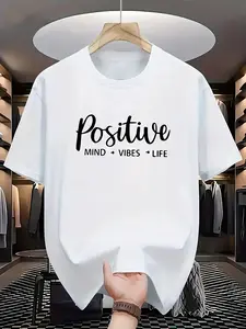 Round Neck Short Sleeve T-Shirt with Inspirational Positive Style White Handwritten "Positive" + "MIND → VIBES → LIFE" Text Combination Print Design to Express a Positive Attitude Towards Life