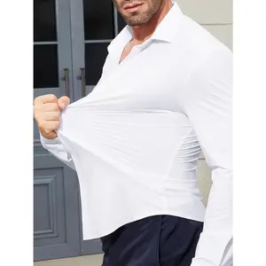 Men's Slim Fit Stretch Wrinkle-Resistant Long Sleeve Shirt Classic Collar Solid Color Casual Formal All-Season Comfortable Smooth Fabric Cotton Menswear Spandex Top Basic Polyester Stretchy Beige Plain White