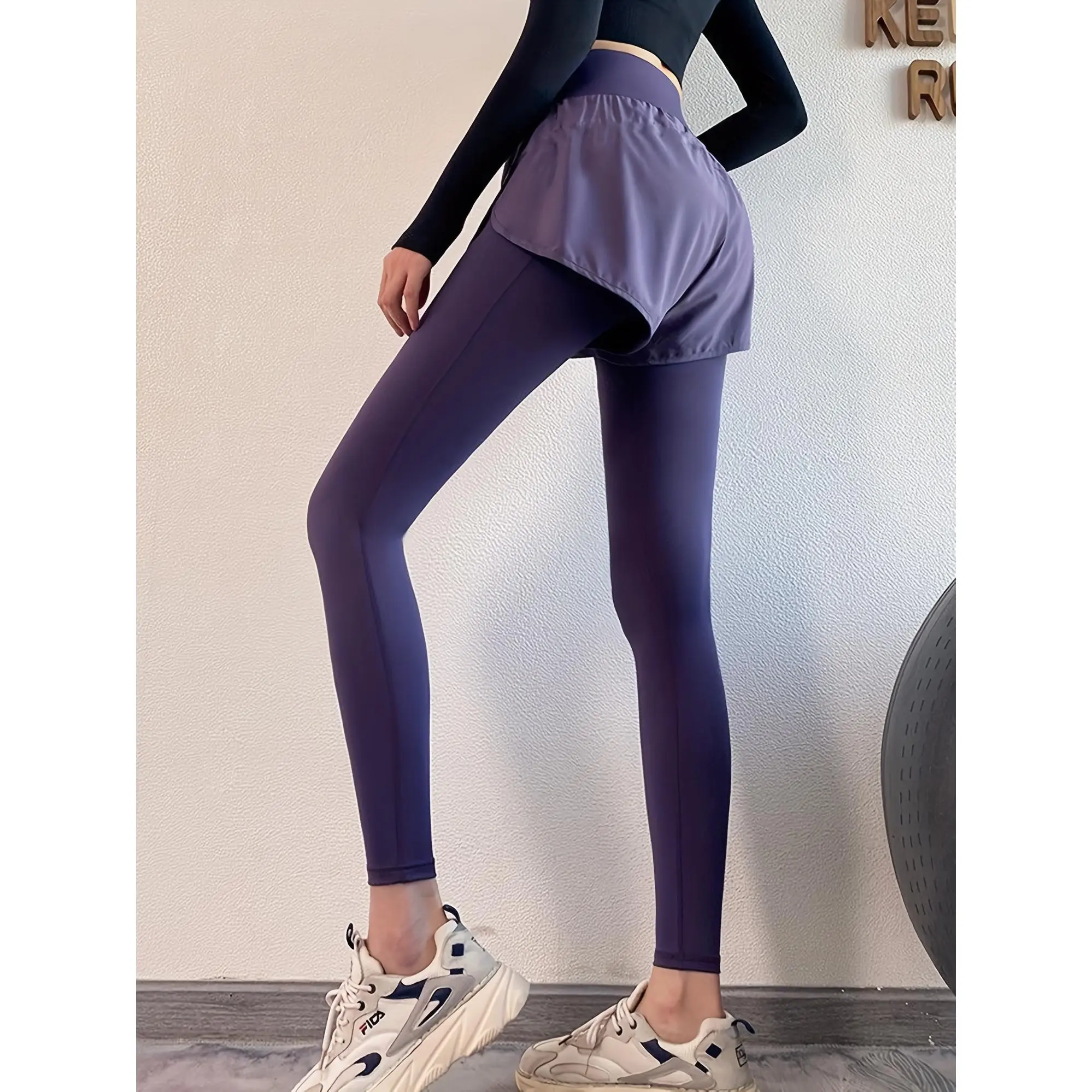 2 in 1 Quick-Dry Women's High-Waisted Yoga Fitness Leggings, Booty Lifting Compression Moisture-Wicking Running Tights with Skirt Overlay for Fall & Winter Sports Activewear, Casual Base Layer Pants