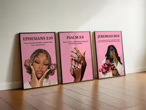 Pink Scripture Wall Art; Bible Verse Poster Unframed , Black Woman Art (Digital Set 3)