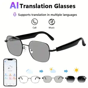 AI smart Bluetooth translation glasses, answer calls, play music, take photos, 33 translation languages, photochromic lenses to block glare, built-in microphone, magnetic charging, suitable for business office, s unisex Adapter Remote Wearable