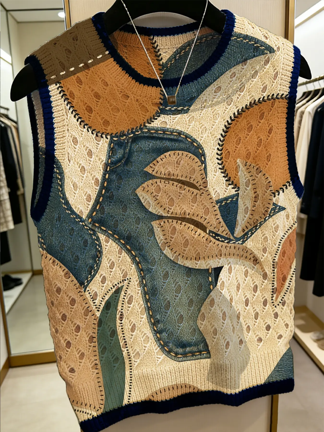 Women's Patchwork Color Block Floral Knit Vest Top, Round Neck Sleeveless Loose-Fitting Casual Outerwear, Breathable Spring Summer Fashion, Womenswear