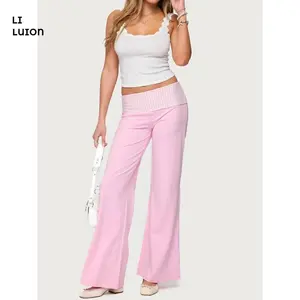 Women Striped Fold Over Pants Elastic High Waist Straight Leg Baggy Pants Loose Workout Joggers Casul Trousers