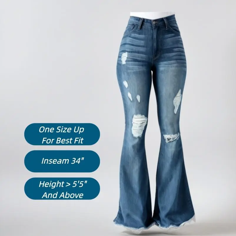 Shapum WEEKEND VIBES Mid-low Rise Stretch Ripped Jeans Regular Wide Leg Boot Cut Flare Mid Blue GP3003M Womenswear Bottom Maxi Streetwear Trouser Denim Pants Zipper