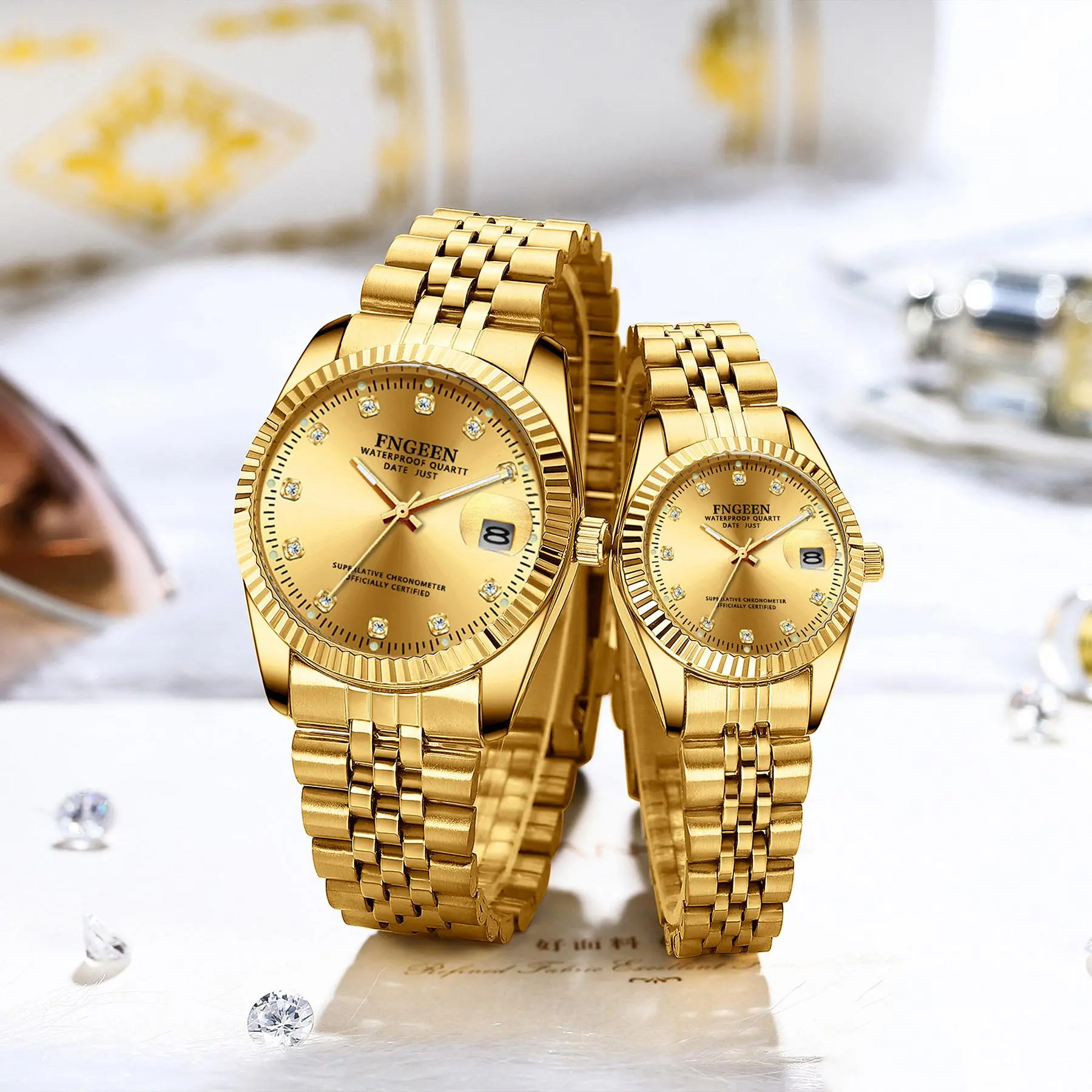 OIDEA Stainless Steel Couple Quartz Analog Watches Set, Japanese Movement, Rhinestone Wristwatch Hour Markers, Magnifier Date Window, Luminous Hands, Men's & Women's Analog Wristwatches, Quartz Analog Watch
