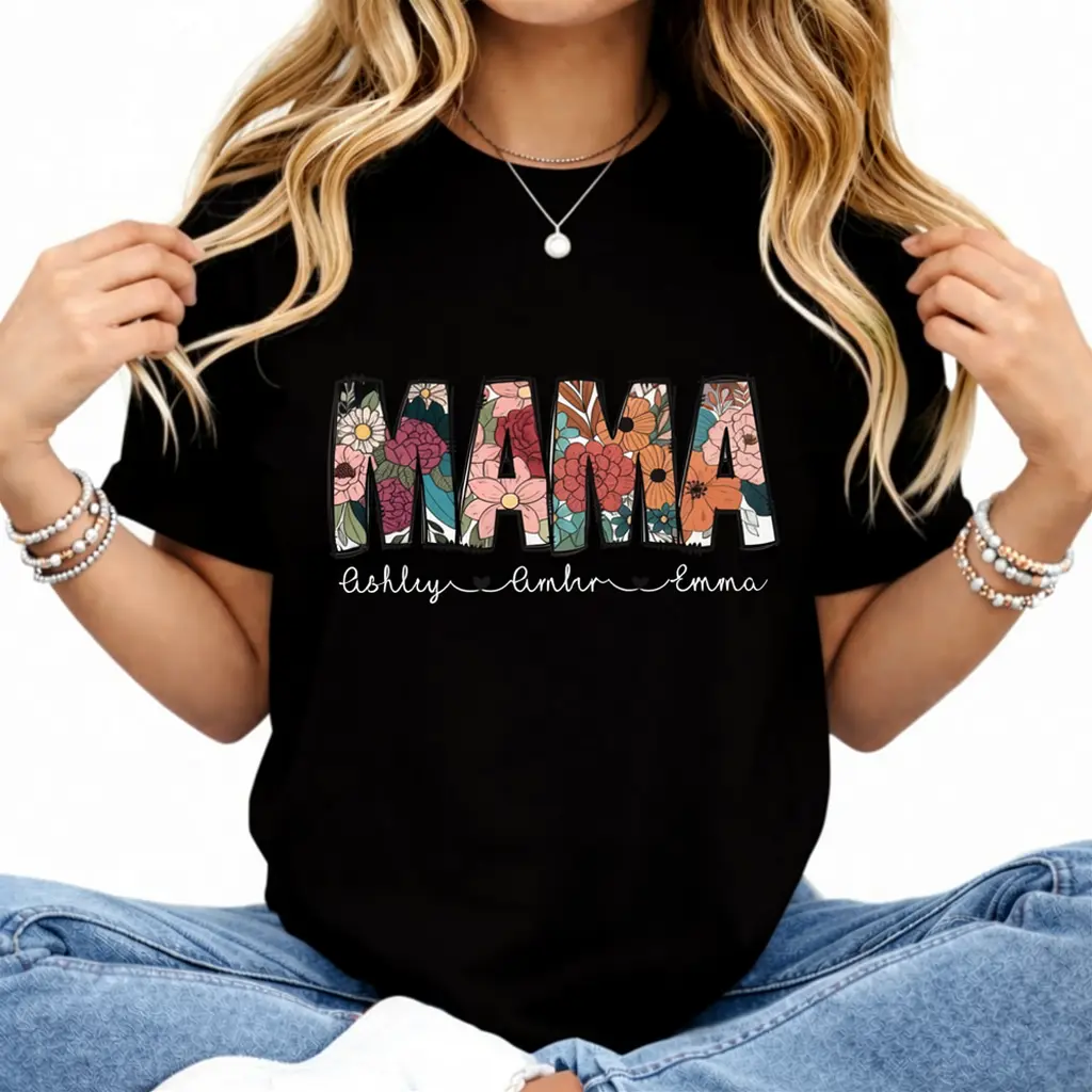 Women's Short-Sleeves Round Neck Floral Graphic Personalized Mama T-Shirt Top - Streetwear, Breathable Lightweight, Custom with Kids' Names, Comfortable Everyday Casual Mother's Day Gift for Moms, Great Fit summerwins