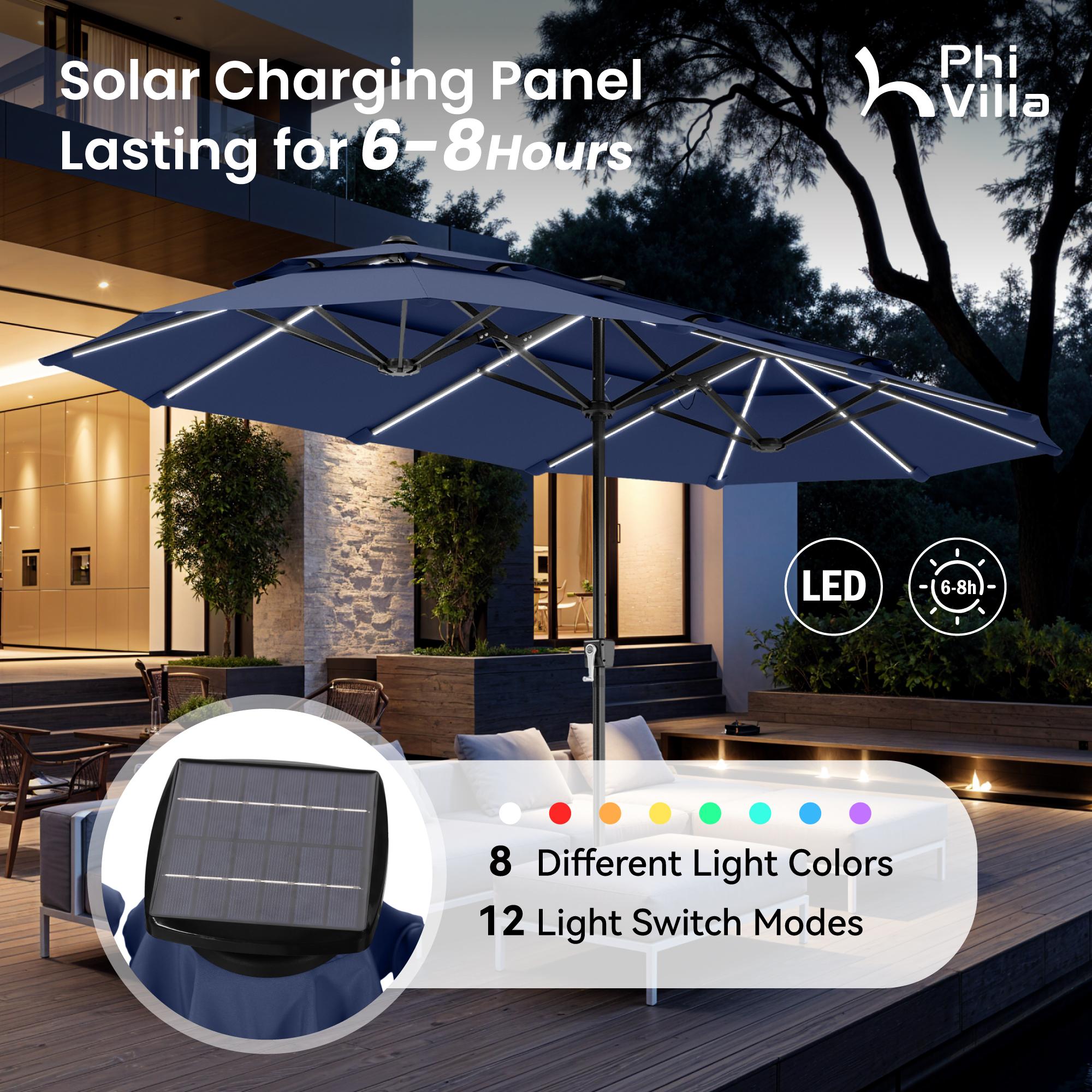 [2026 Upgrade] PHI VILLA 13/15FT Double Layer Patio Umbrella with 36 Solar LED Lights, Wind-Resistant Large Outdoor Rectangular Umbrella with Base, SpringGlowUp