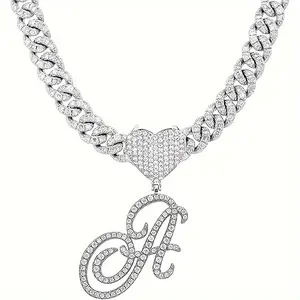 Silvery Cuban Link Necklace - Heart-shaped Alphabet Pendant on Ice Chain - Unisex Hip-hop Jewelry Gift