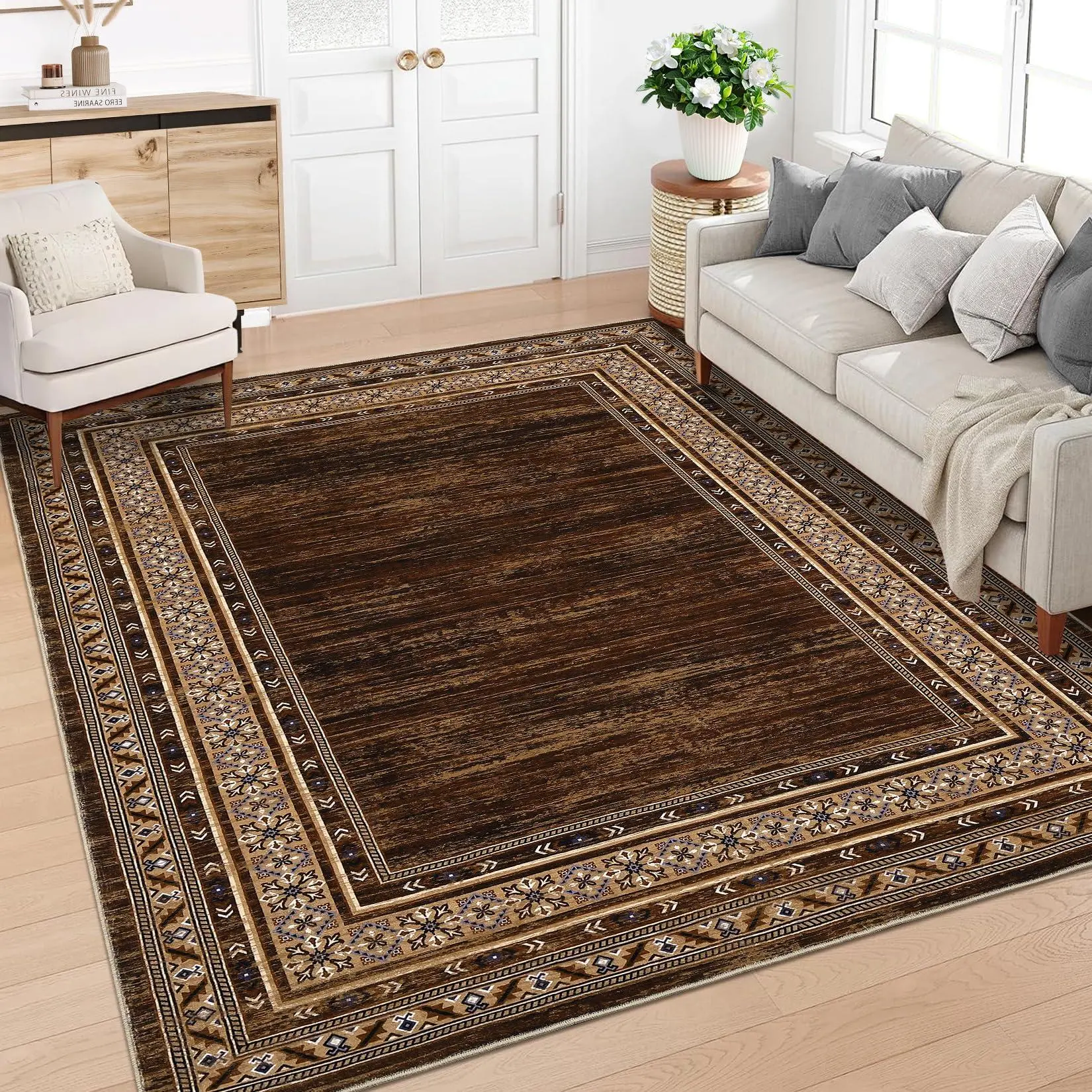 GARVEE 9x12ft Large Washable Thin Area Rug Soft Low Pile Non Shedding Floor Carpet Modern Anti Slip Rug, Distressed Geometric Bordered Rug for Living Room, Bedroom, Office, Brown