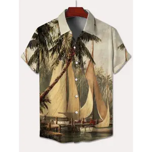 Men'S Plus Size Hawaiian Shirt with Coconut Tree Sailboats Print - Casual Polyester 100% Lapel Collar, Button Front, Regular Fit, Woven Fabric, Non-Stretch, Lightweight for Spring/Summer/Fall 110gsm