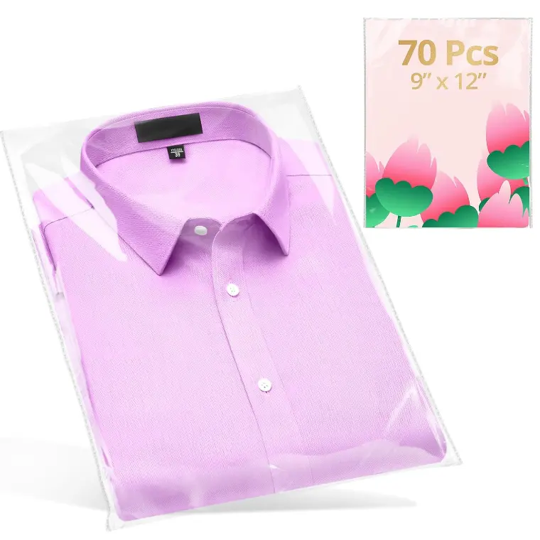 70 Pcs Clear Self Sealing Cellophane Bags 9x12 Inches for Packaging Clothes, Resealable Poly Plastic Shirt Bags for Small Business, Plastic Sleeves for Magazine A4 Letter Size Artwork (2.8Mils)