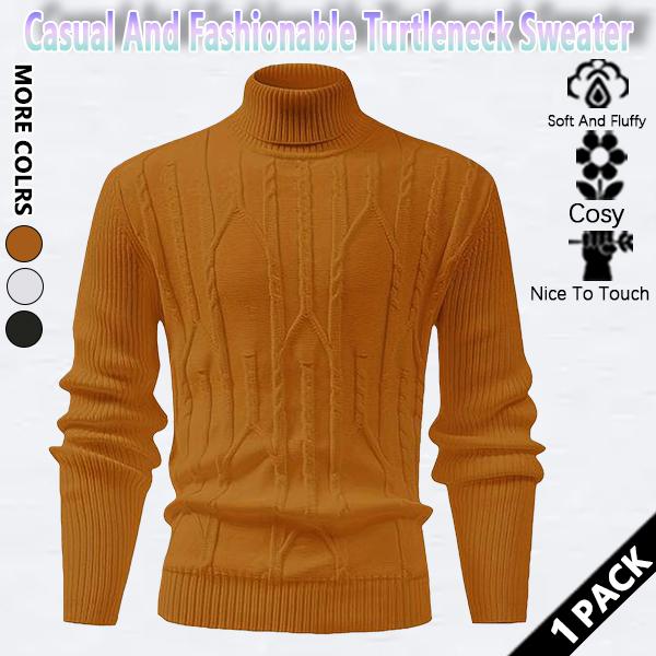 Men's regular textured turtleneck sweater, casual long-sleeved top for autumn and winter, fashionable men's everyday knitwear.