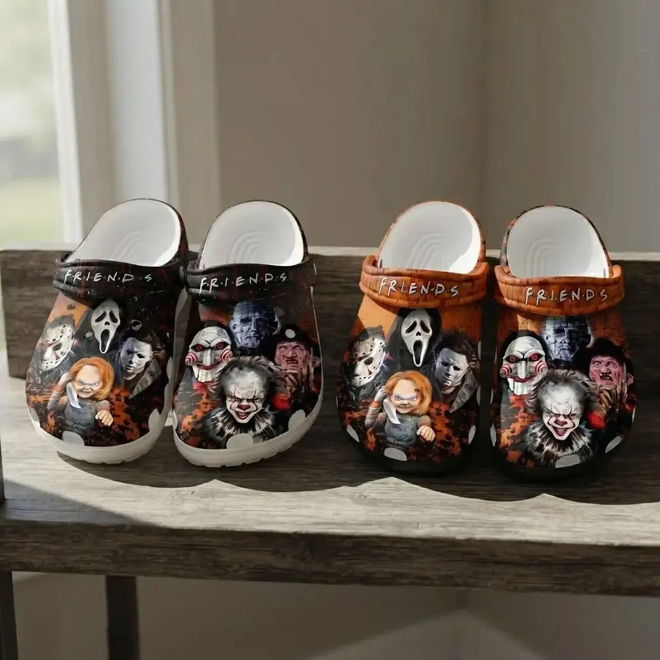 Retro Horror Movie Characters Halloween Clogs Shoes, Halloween Fantasy Graphic Clogs, Gothic Occult Casual Footwear for Women Men & Kids Size