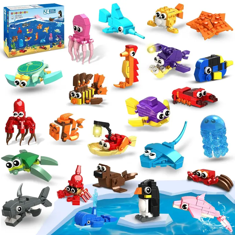 HOGOKIDS 24 Pack Valentines Party Favors for Kids Building Set - 629PCS Mini Marine Animals Blocks Toy for Valentines Day Goodie Bag Stuffers Classroom Prizes Gifts fo Kids Boy Girl Student Ages 6-12