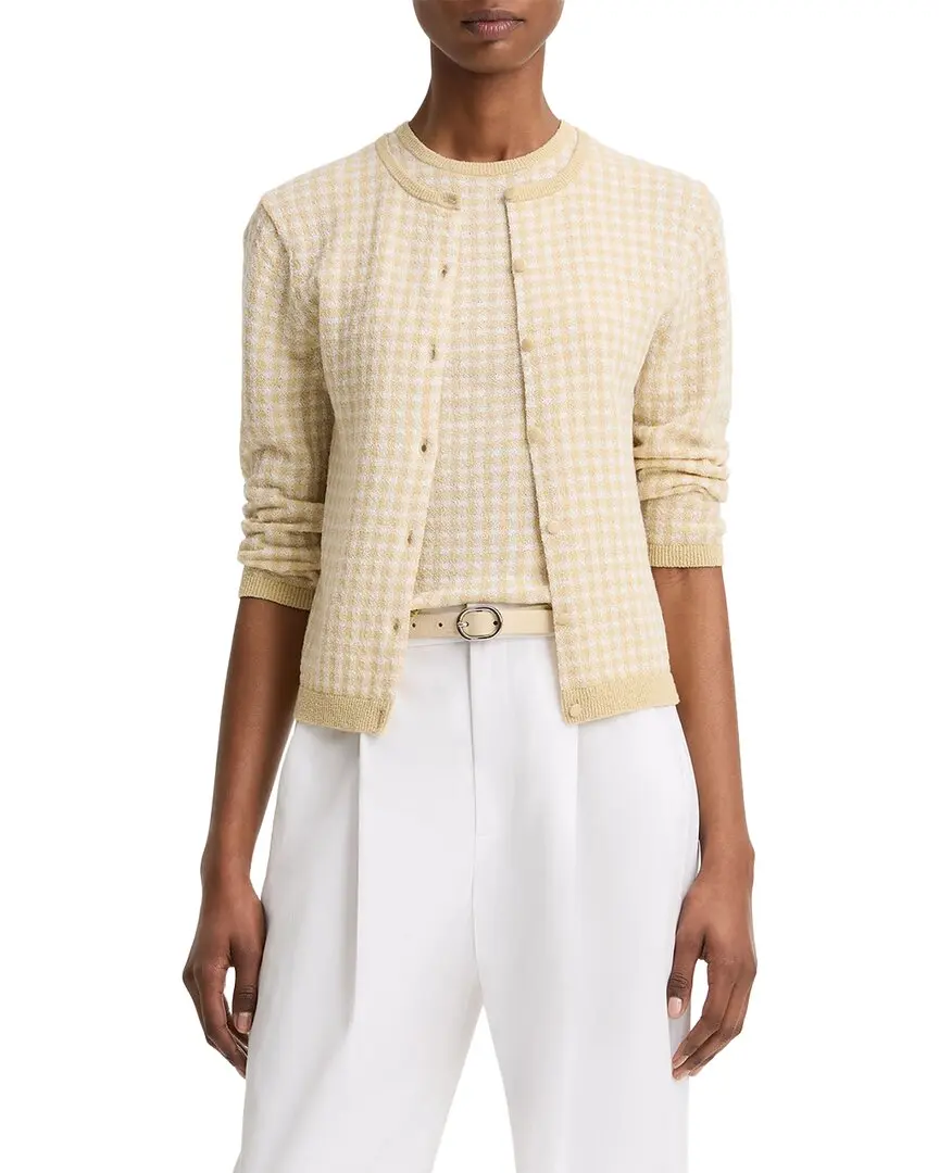 Vince Gingham 3/4-Sleeve Wool-Blend Cardigan