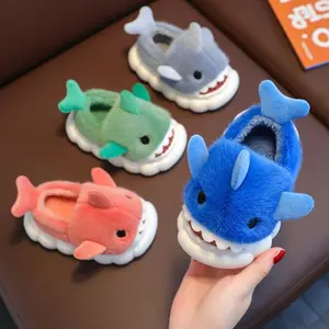 New1 Pair Youngsters' Shark Plush Slippers - Soft Fleece-Lined Slip-On Indoor/Outdoor House Shoes with Cartoon Shark Design, Non-Slip PVC Sole for Boys & Girls (Green, Grey, Blue), Shark Slippers