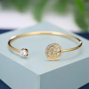 Fashion 14K Gold Plated Open Cuff Tree Of Life Cubic Zirconia Accent Bangle Bracelet Lightweight Durable Jewelry For Women