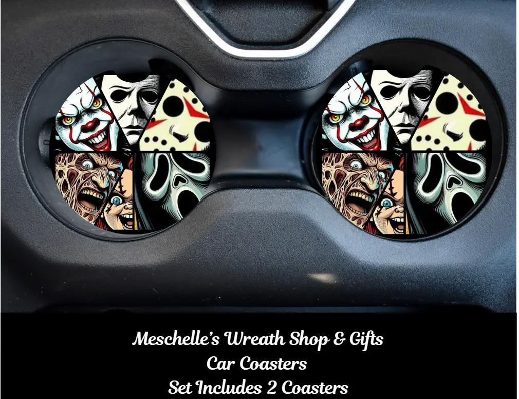 Horror Villain Mash-Up Car Coasters (2-Pack Neoprene/Ceramic), Stylish Functional Vehicle Interior Accessory for Cool Car Decorations & Interior Decor Upgrade