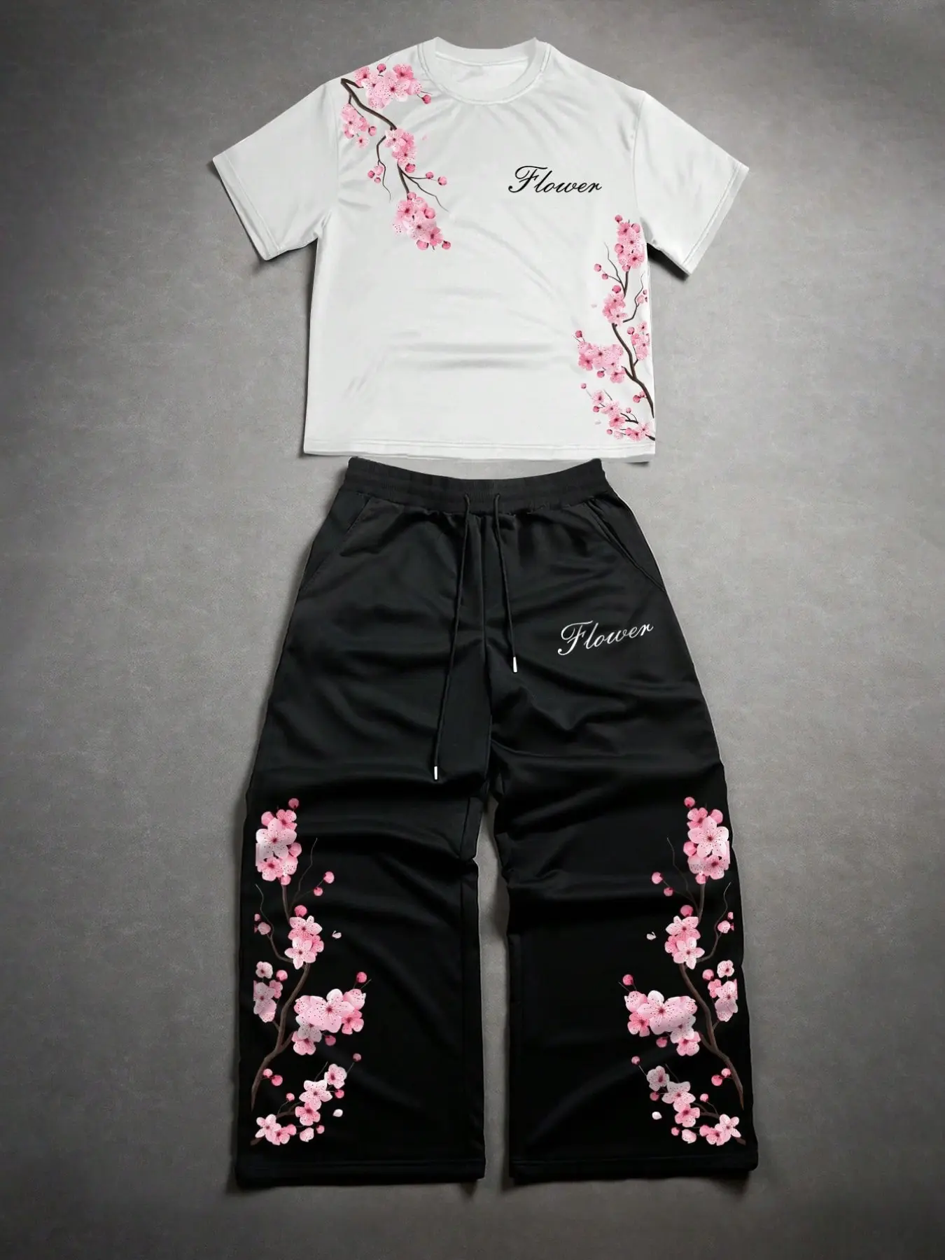 Men's Two-Piece Fashion Casual Set, Soft Comfort Cherry Blossom Floral Pattern Round Neck T-Shirt and Drawstring Wide Leg Pants, All Seasons, Menswear, Clothes