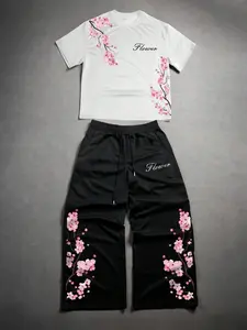 Men's Two-Piece Fashion Casual Set, Soft Comfort Cherry Blossom Pattern Round Neck T-Shirt and Drawstring Wide Leg Pants, All Seasons
