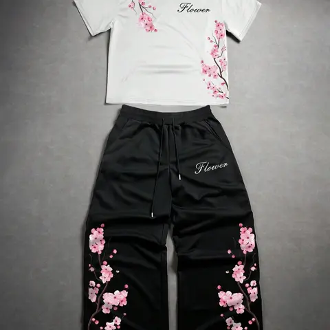 Men's Two-Piece Fashion Casual Essentials Set, Soft Comfort Cherry Blossom Floral Pattern Round Neck T-Shirt and Drawstring Wide Leg Pants, All Seasons, Menswear, Clothes