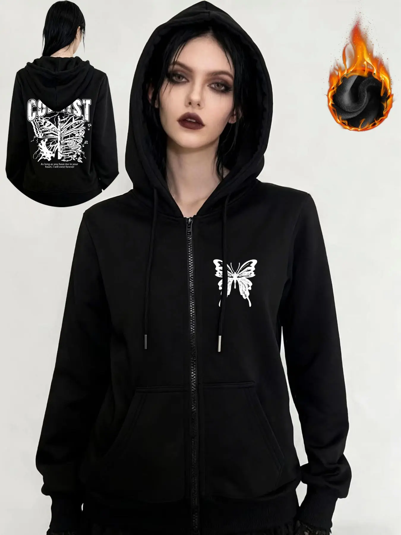 Autumn Winter Y2K Gothic Print Hooded Long Sleeve Fitted Zipper Jacket, Thick Heavyweight Fleece Coat, Casual Lazy Commuter Style Women