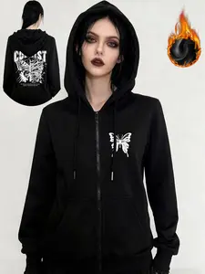 Autumn Winter Y2K Gothic Print Hooded Long Sleeve Fitted Zipper Jacket, Thick Heavyweight Fleece Coat, Casual Lazy Commuter Style