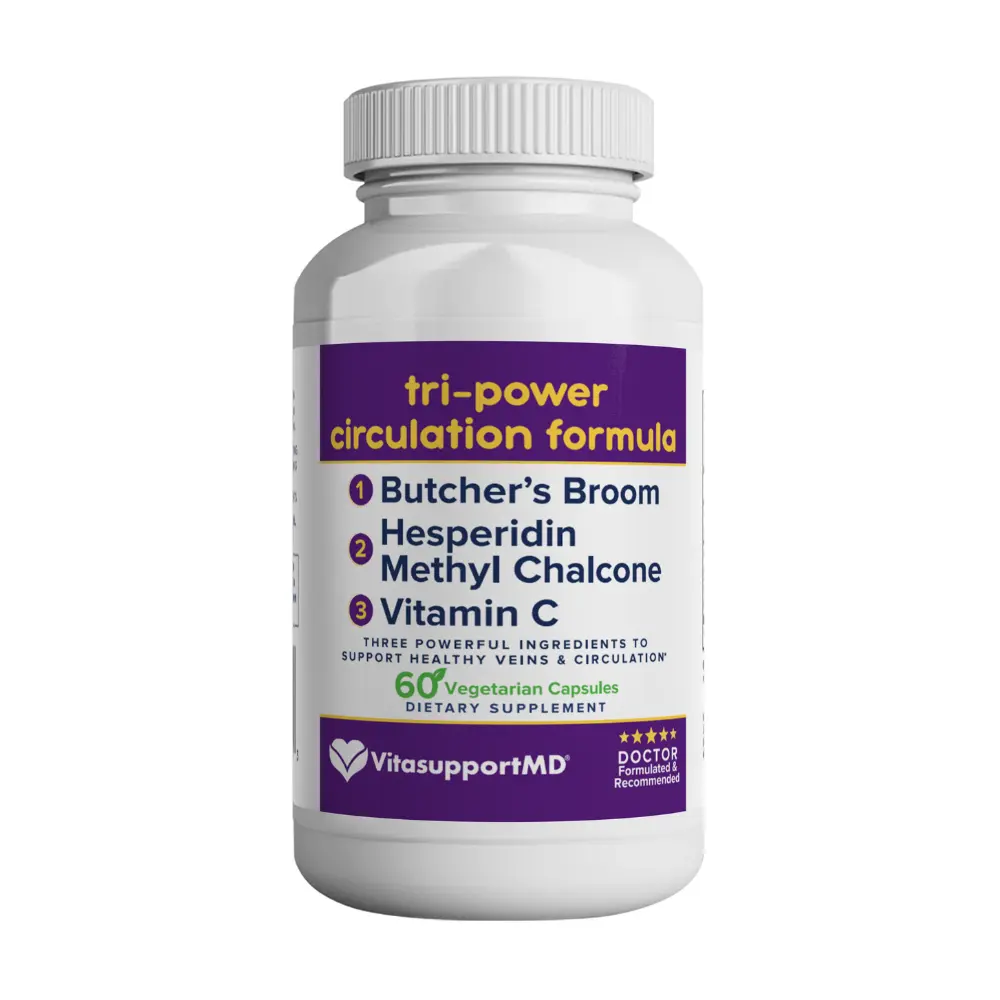 VITASUPPORTMD Tri-Power Circulation Formula - Circulation Supplement with Butcher's Broom, Hesperidin Methyl Chalcone, and Vitamin C, 60 Capsules, for Blood and Leg Circulation, Vein Health Support, VITASUPPORTMD